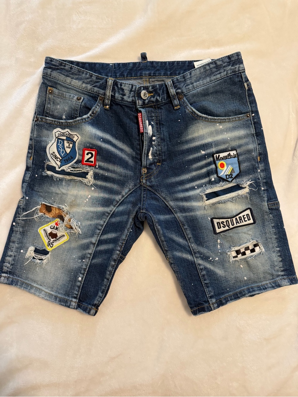 DSQUARED Distressed Dark Blue Denim Shorts with Embroidered Patches
